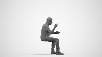 3D human model senior man casual sitting, photogrammetry scanned person for archviz, wireframe side view