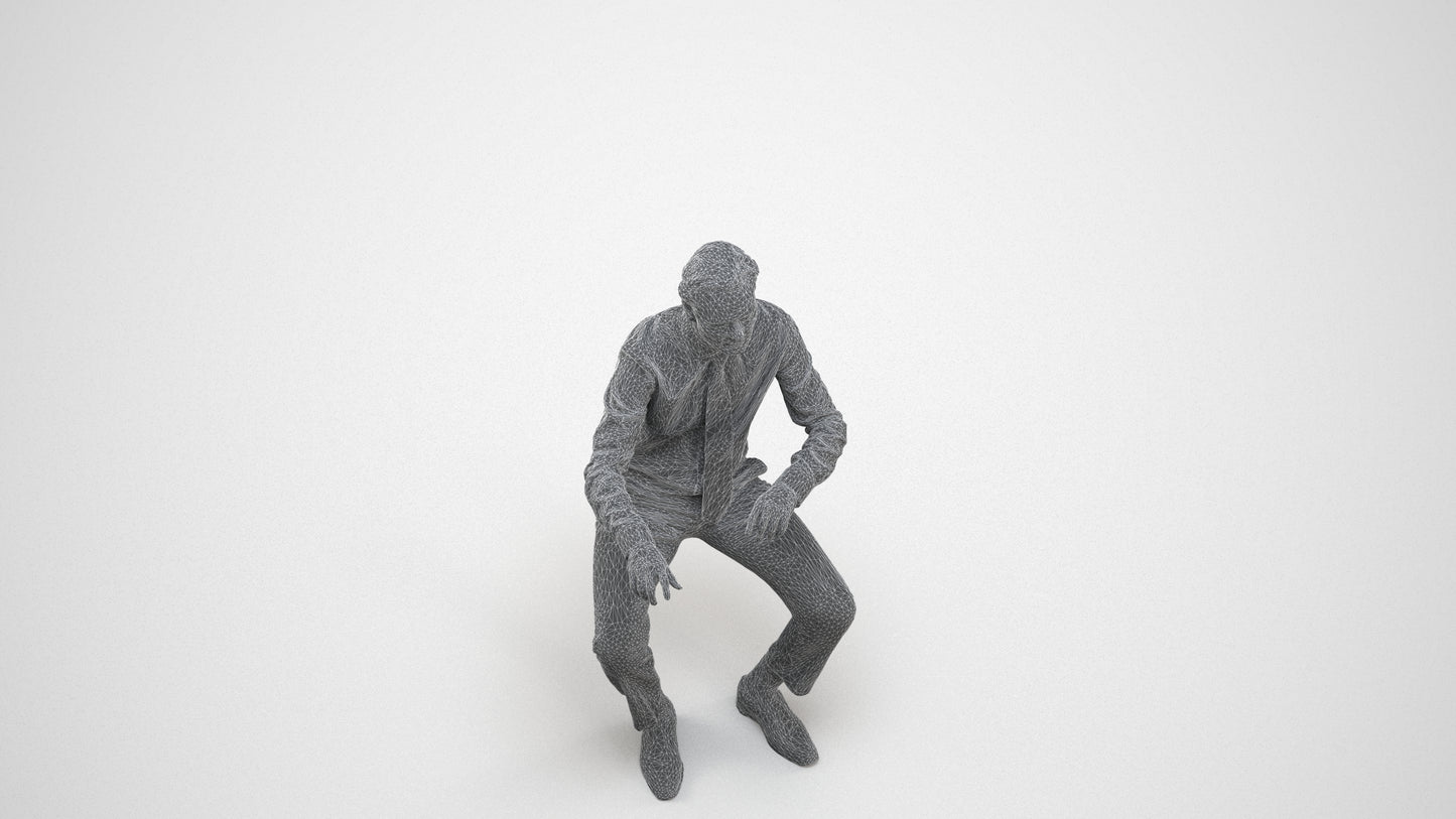 3D human model man business, photogrammetry scanned person for archviz, wireframe three-quarter view