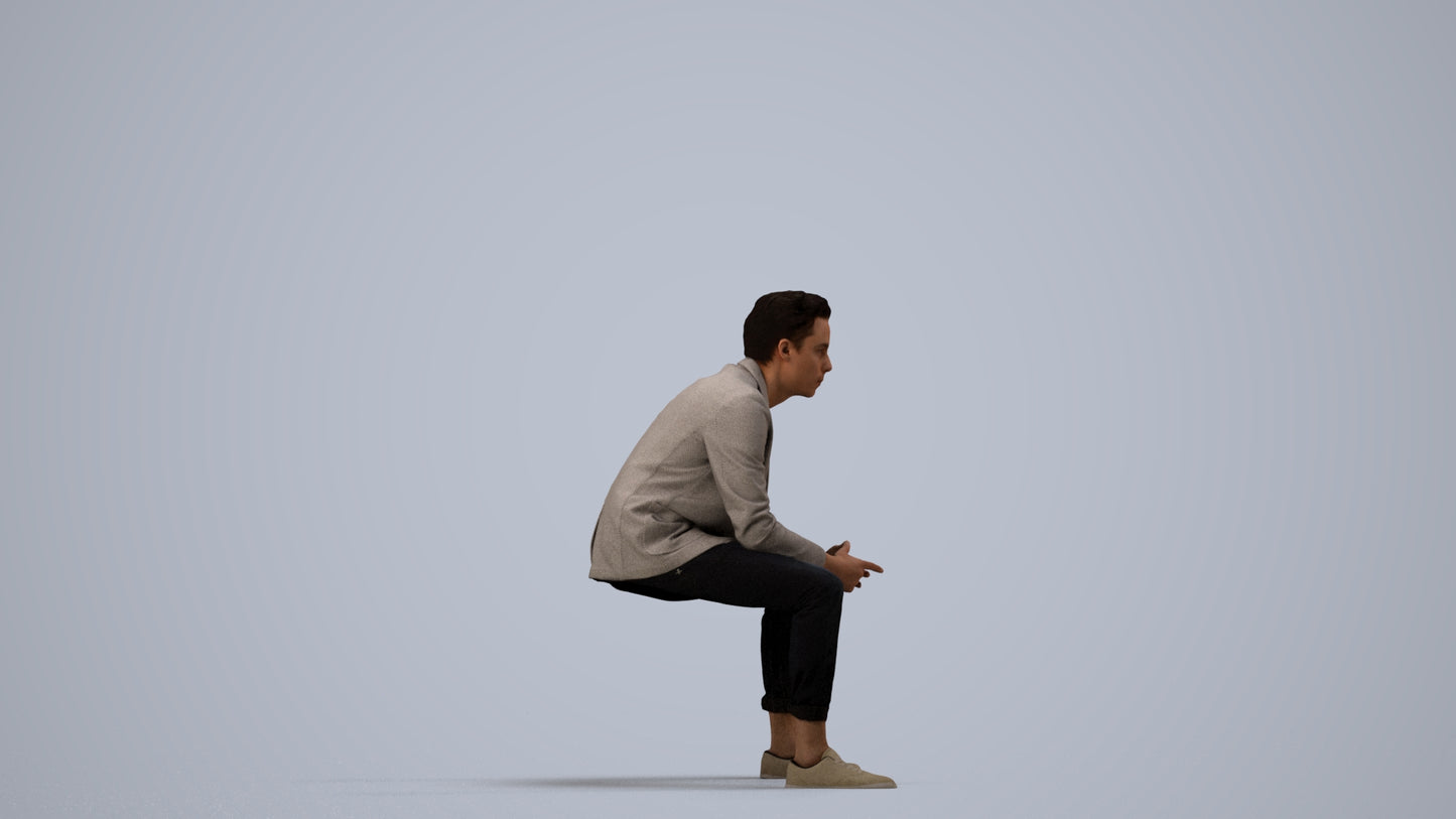photogrammetry 3D man business sitting, realistic human model archviz FBX, side view render