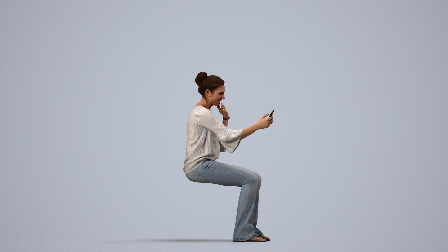 realistic 3D woman casual sitting, scanned archviz people for Blender and 3ds Max, side view render
