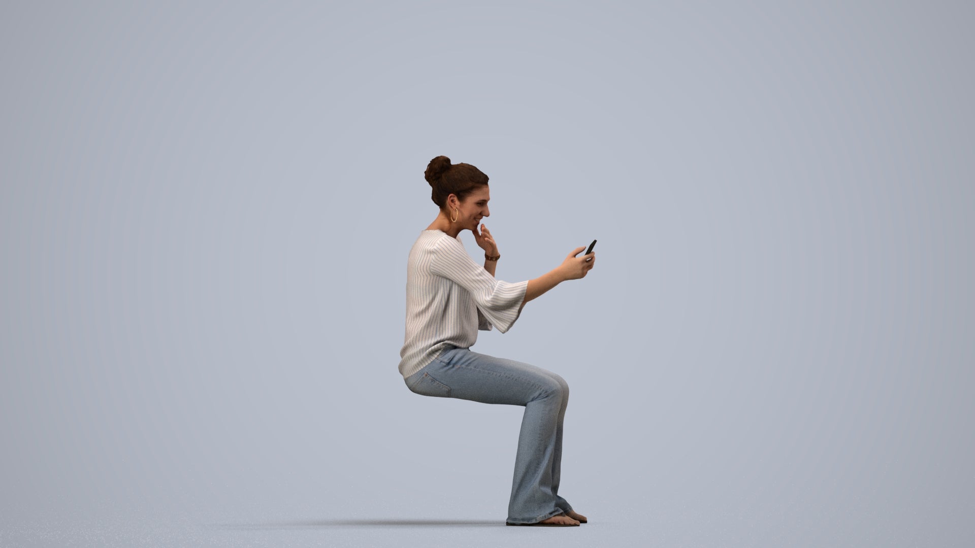 realistic 3D woman casual sitting, scanned archviz people for Blender and 3ds Max, side view render