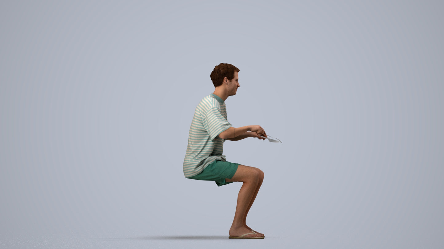 realistic 3D man casual sitting, scanned archviz people for Blender and 3ds Max, side view render