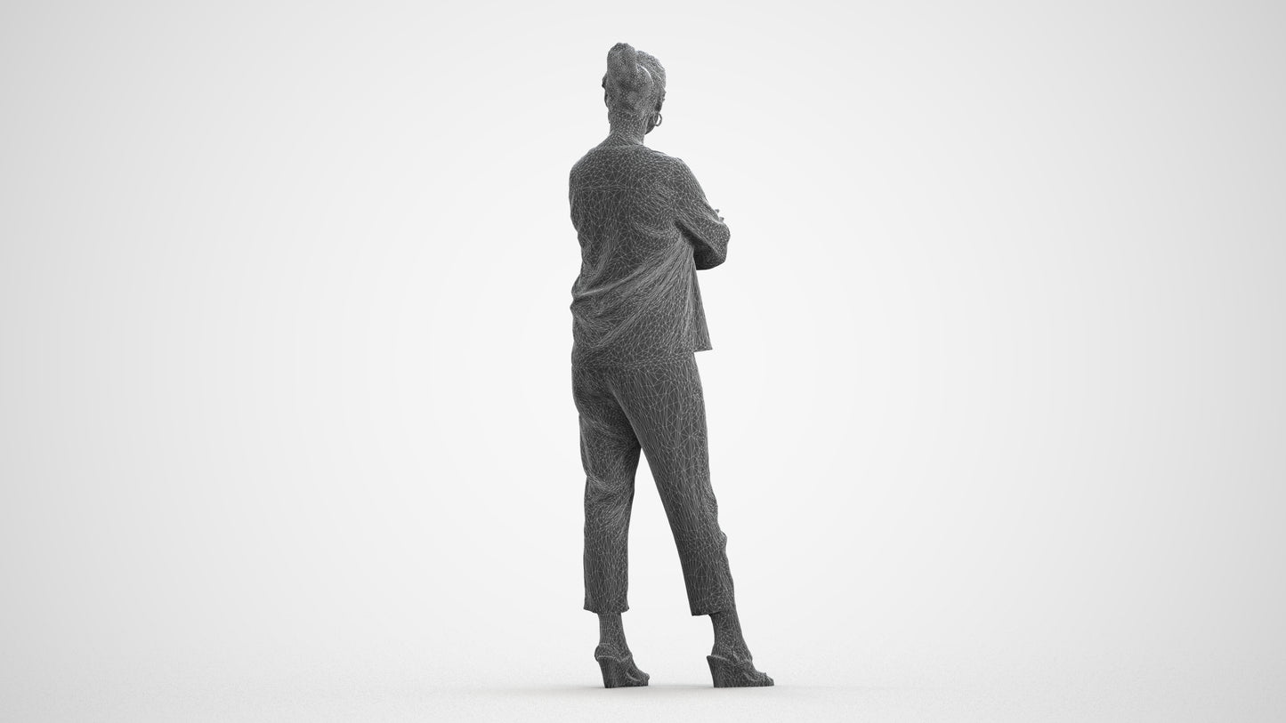 realistic 3D woman casual standing, scanned archviz people for Blender and 3ds Max, wireframe front view