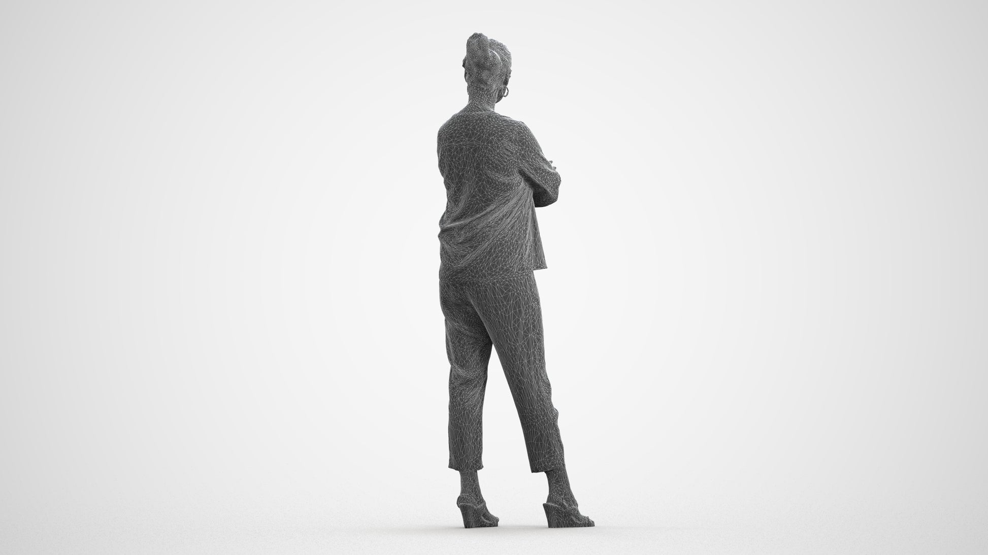 realistic 3D woman casual standing, scanned archviz people for Blender and 3ds Max, wireframe front view