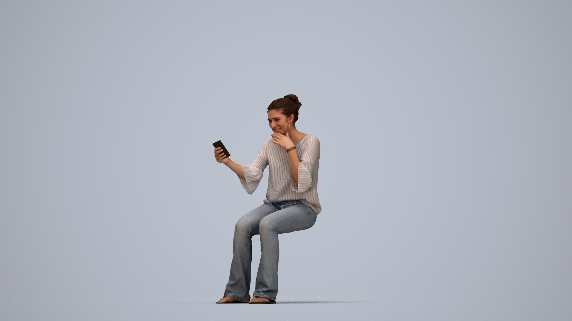 realistic 3D woman casual sitting, scanned archviz people for Blender and 3ds Max, top-down view render
