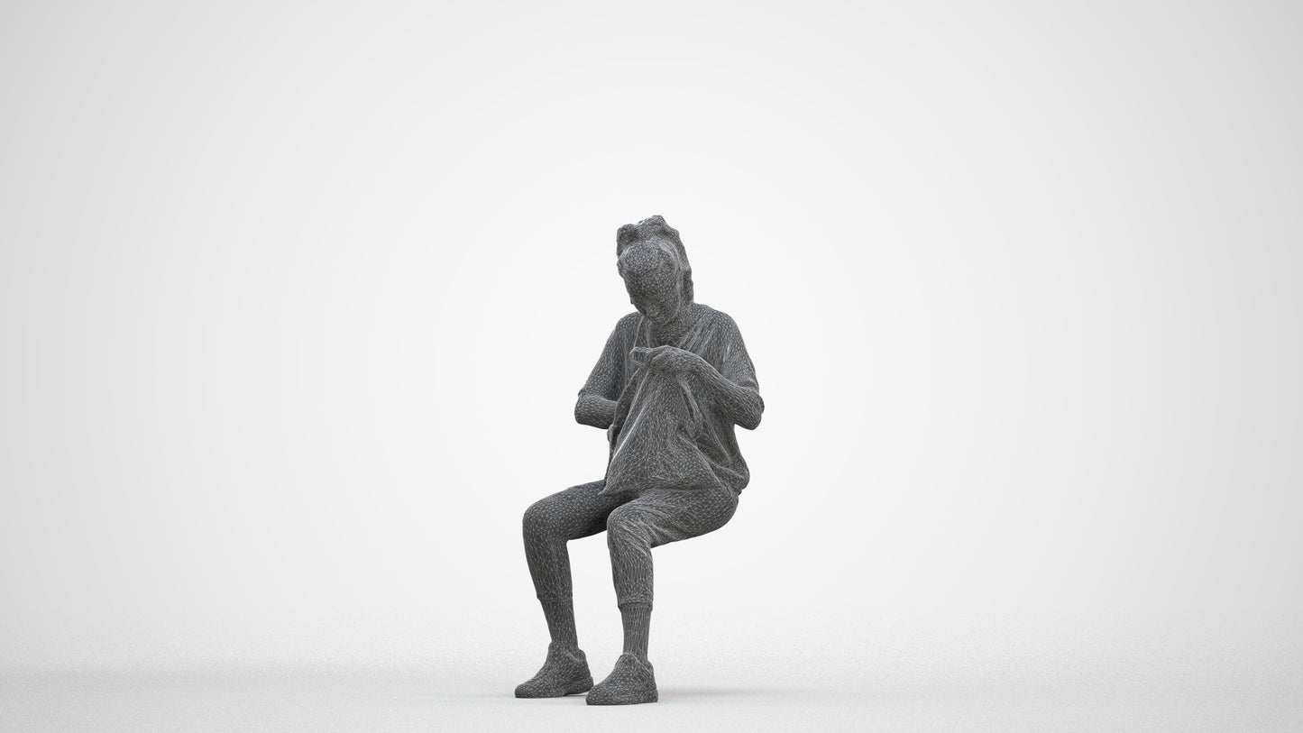 photogrammetry 3D woman casual sitting, realistic human model archviz FBX, three-quarter front view render