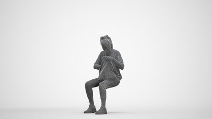 photogrammetry 3D woman casual sitting, realistic human model archviz FBX, three-quarter front view render