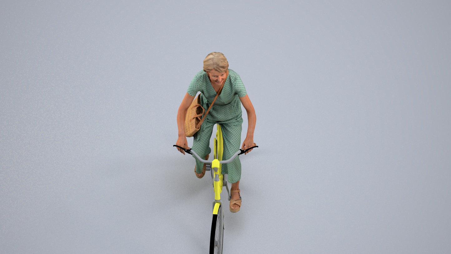 3D scanned senior woman cycling casual, photorealistic archviz people for Enscape and SketchUp, back view render