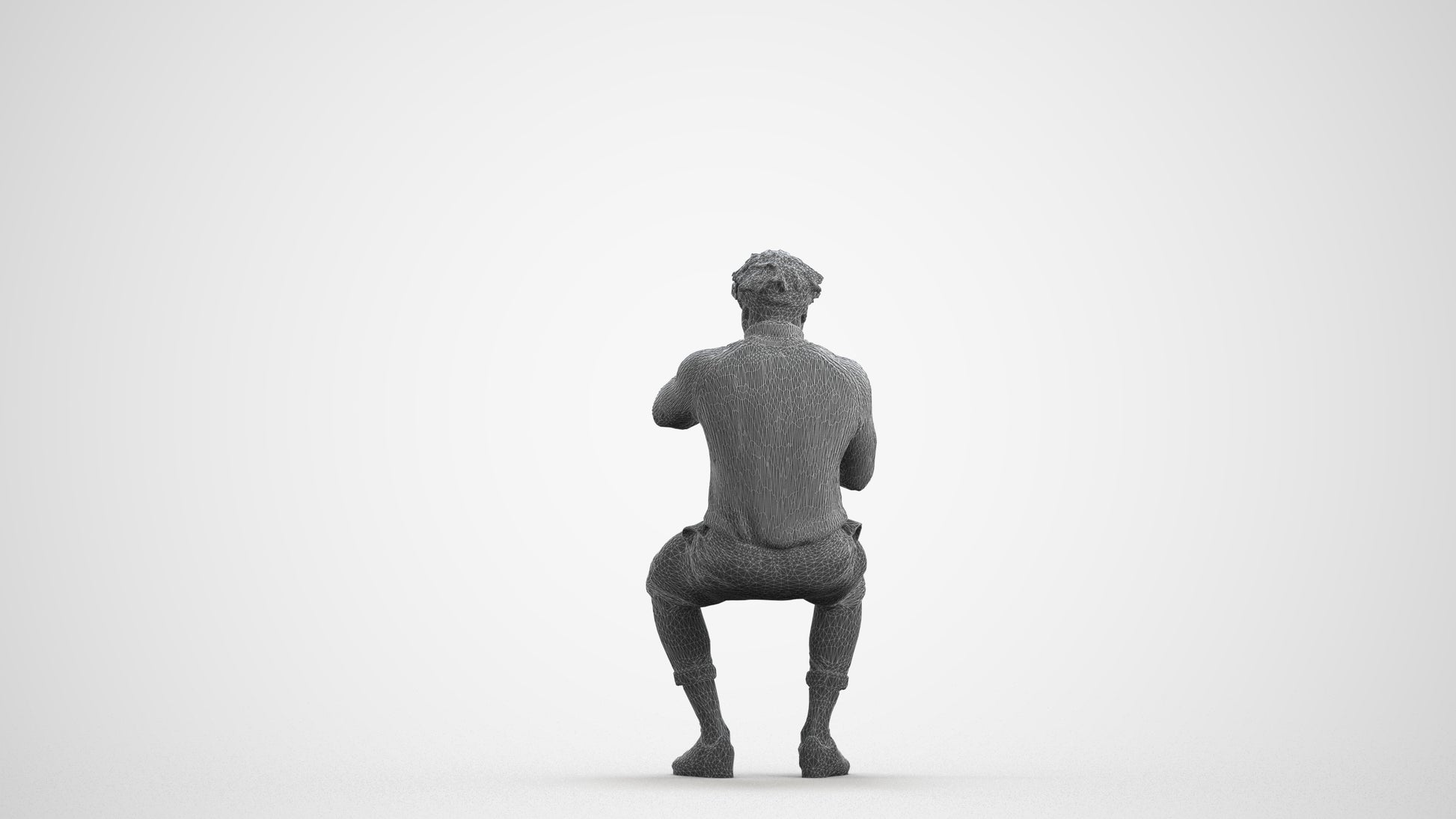3D scanned man sitting casual, photorealistic archviz people for Enscape and SketchUp, wireframe front view