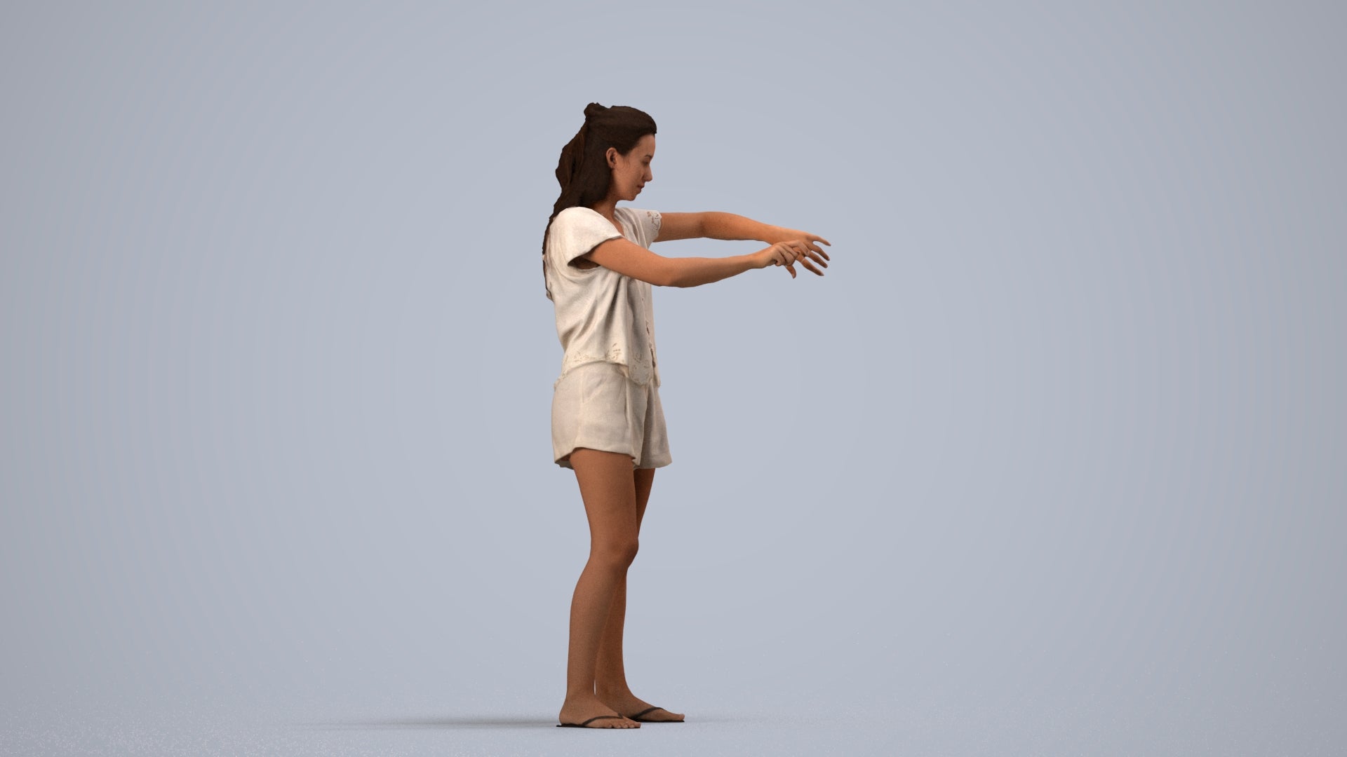 realistic 3D people woman casual standing, render-ready for V-Ray and Corona, FBX OBJ, side view render