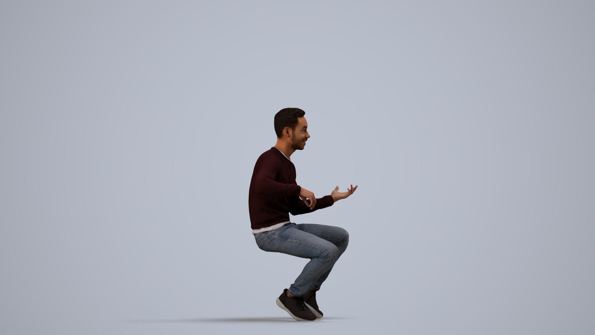 3D people model man casual sitting, scanned human for 3ds Max rendering, side view render