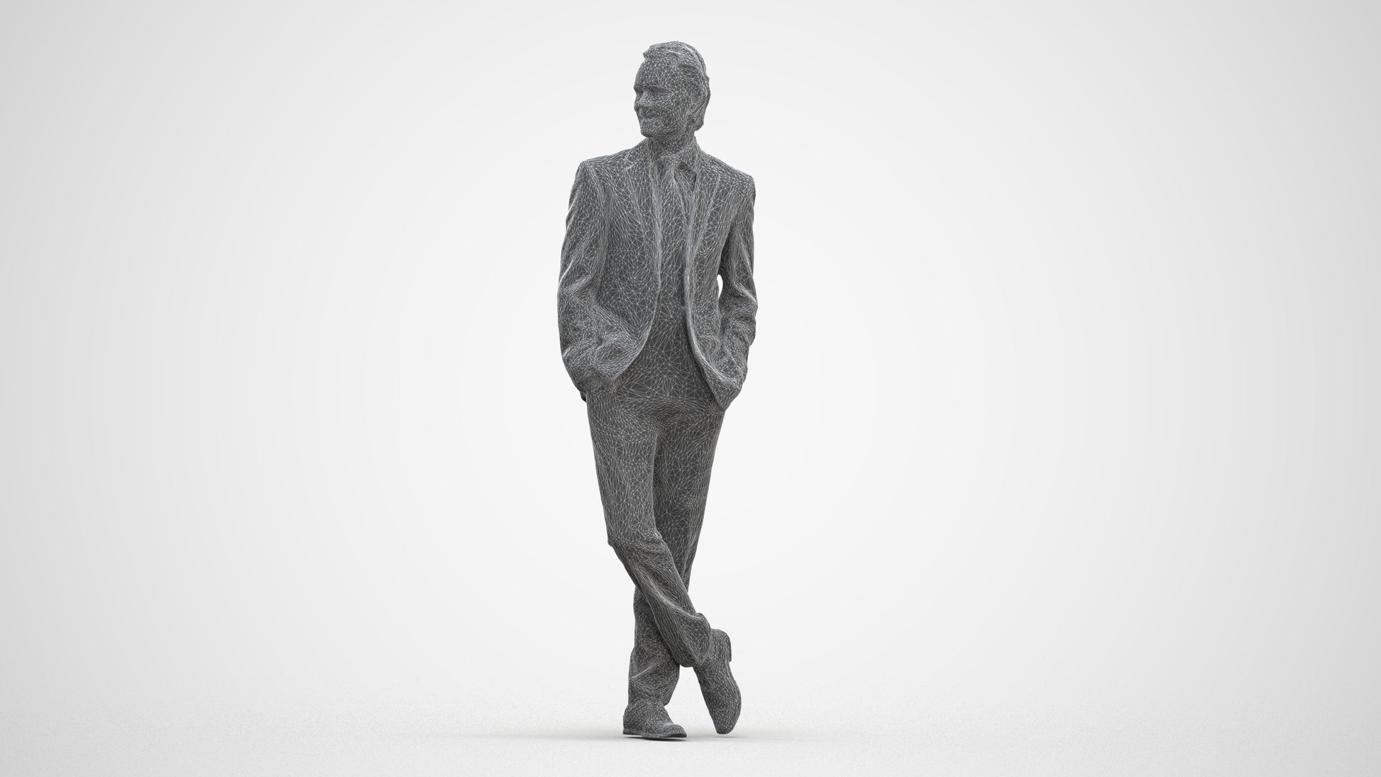 3D human model man business standing, photogrammetry scanned person for archviz, three-quarter front view render