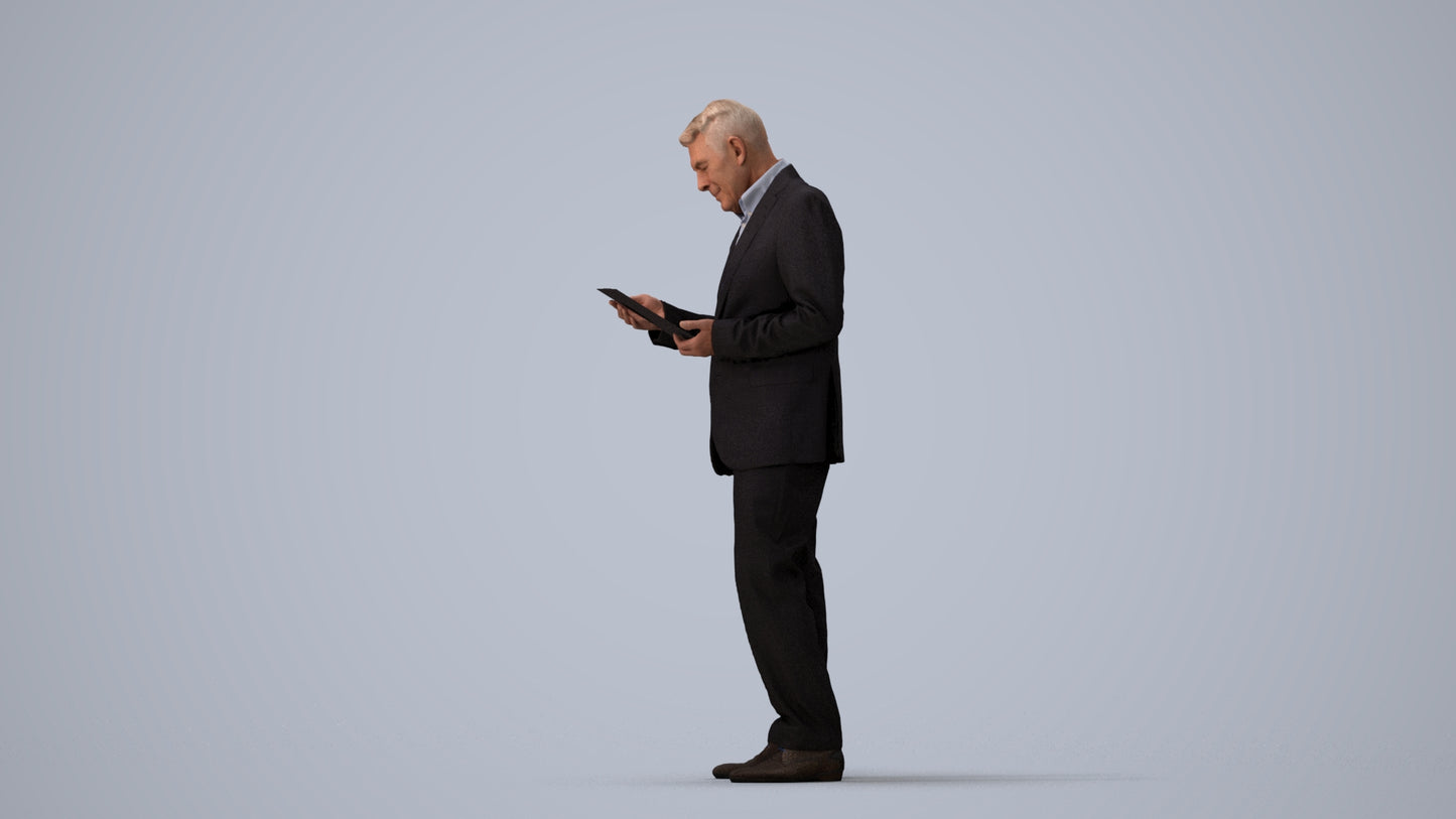 3D scanned senior man business, photorealistic archviz people for Enscape and SketchUp, three-quarter view render