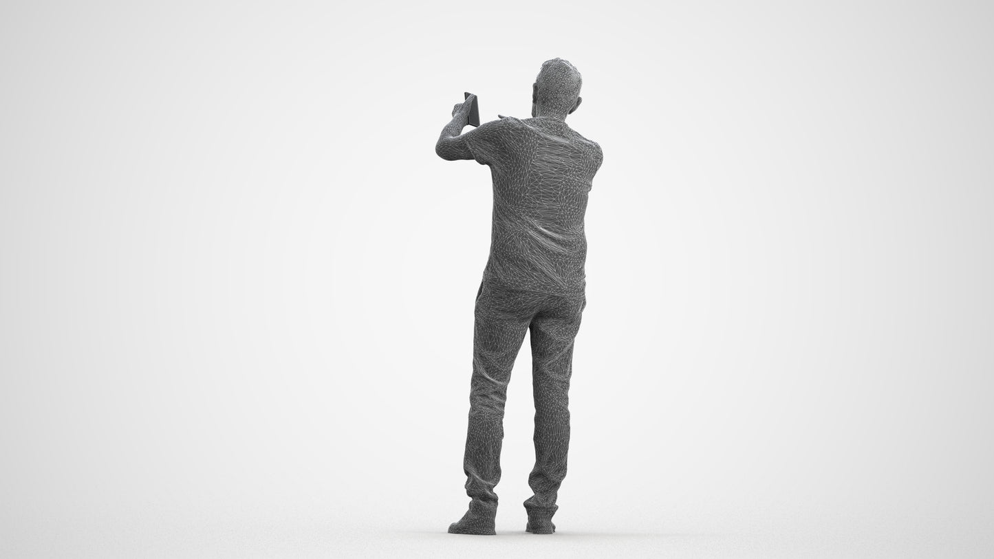 3D human model senior man casual standing, photogrammetry scanned person for archviz, wireframe front view