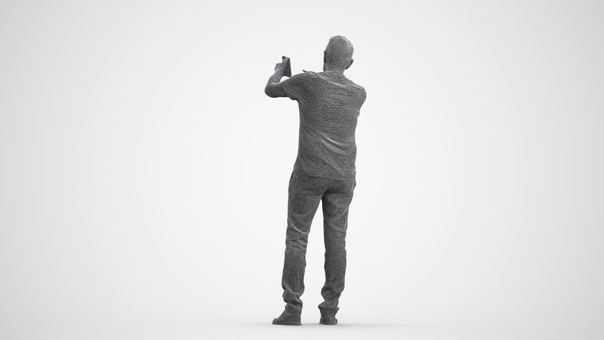 3D human model senior man casual standing, photogrammetry scanned person for archviz, wireframe front view