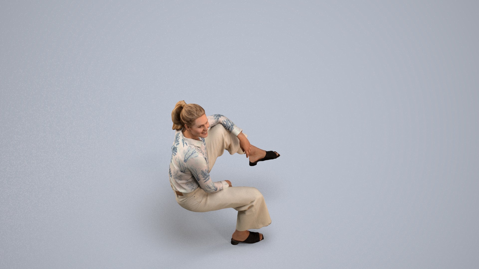 scanned 3D woman casual sitting, photogrammetry people for Enscape and V-Ray, back view render