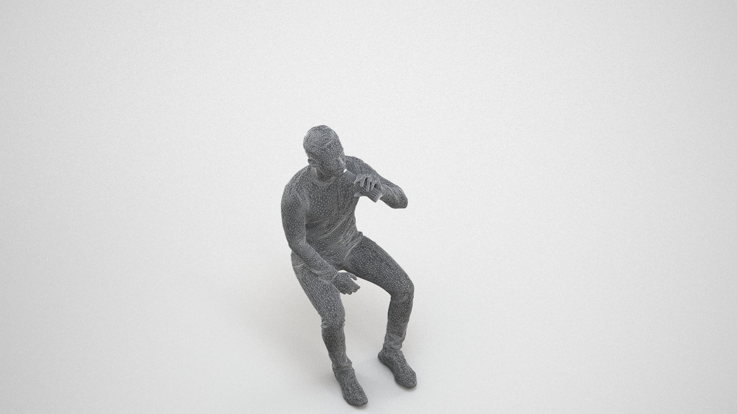 realistic 3D man casual sitting, scanned archviz people for Blender and 3ds Max, wireframe three-quarter view