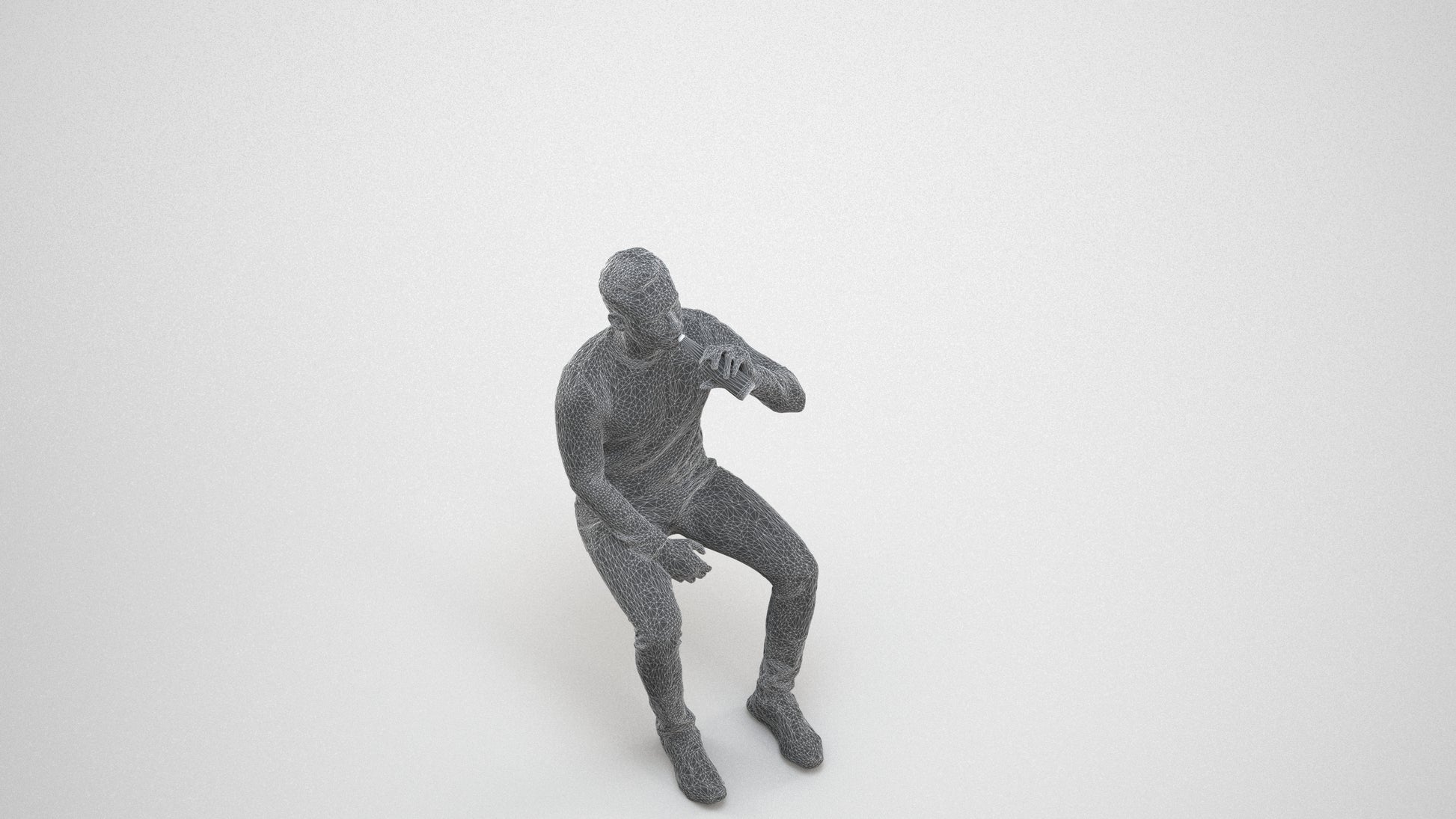 realistic 3D man casual sitting, scanned archviz people for Blender and 3ds Max, wireframe three-quarter view