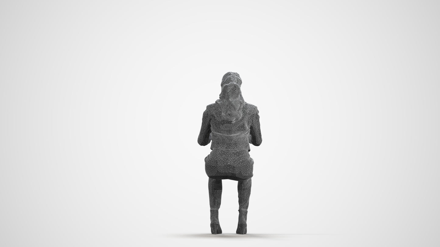 3D human model woman business sitting, photogrammetry scanned person for archviz, wireframe front view