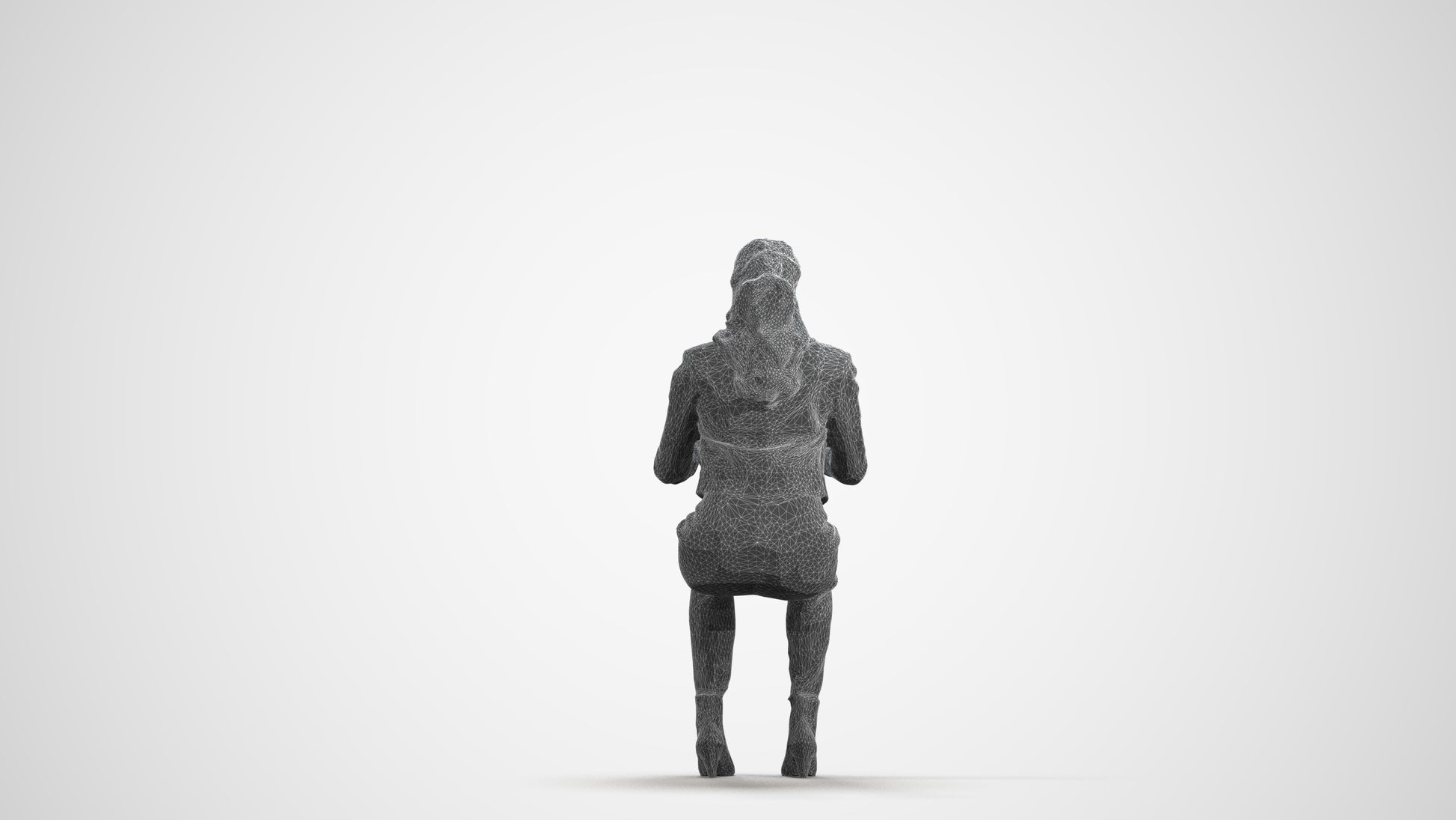 3D human model woman business sitting, photogrammetry scanned person for archviz, wireframe front view