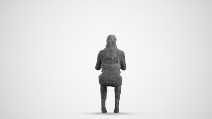 3D human model woman business sitting, photogrammetry scanned person for archviz, wireframe front view