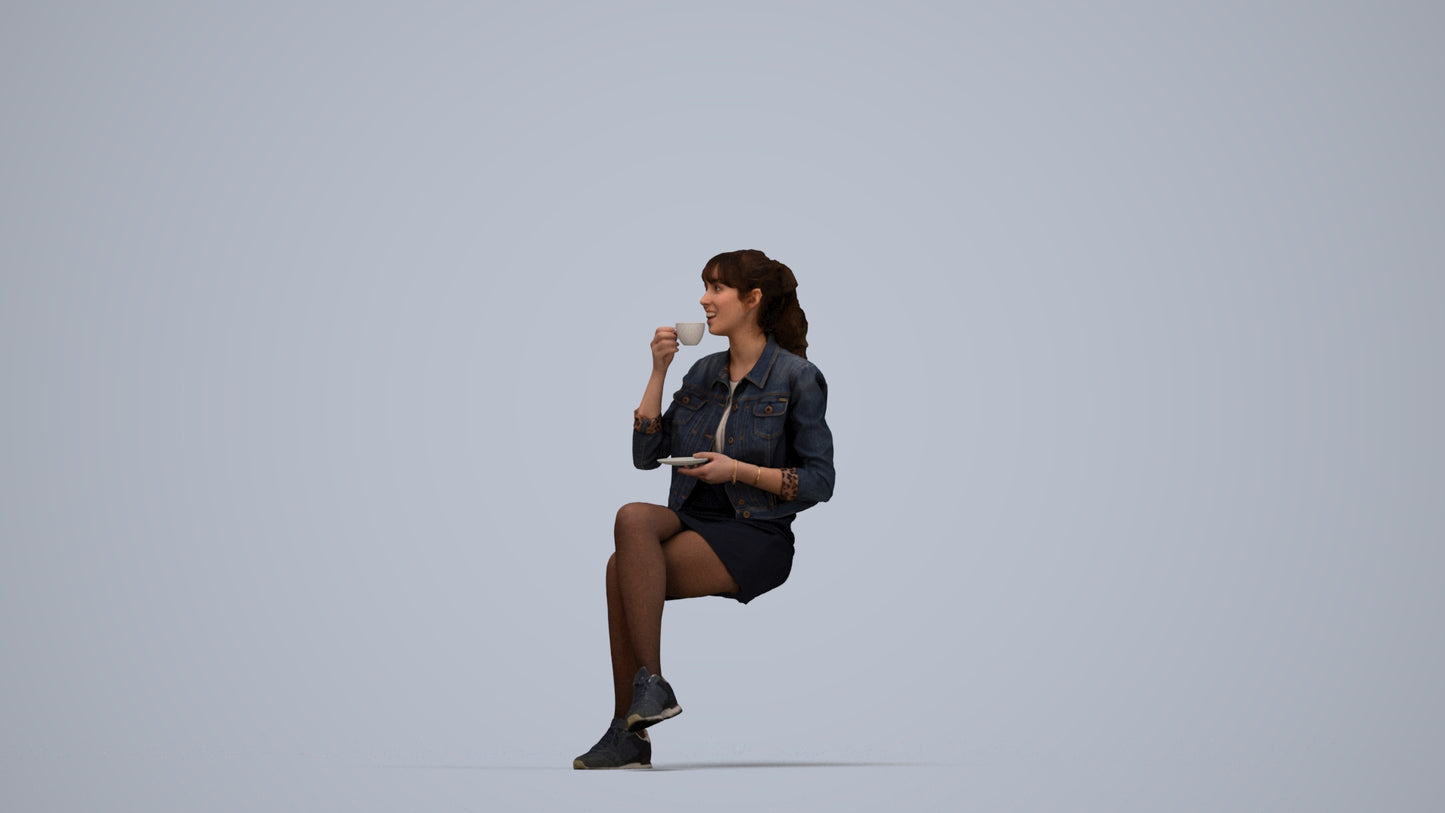 3D people model woman casual sitting, scanned human for 3ds Max rendering, top-down view render