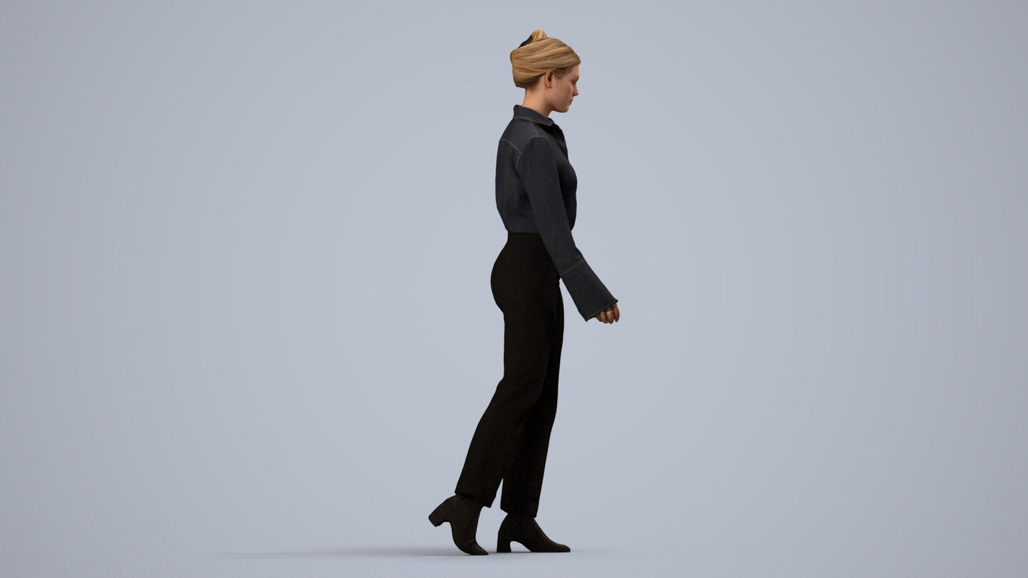 3D human model woman business walking, photogrammetry scanned person for archviz, side view render