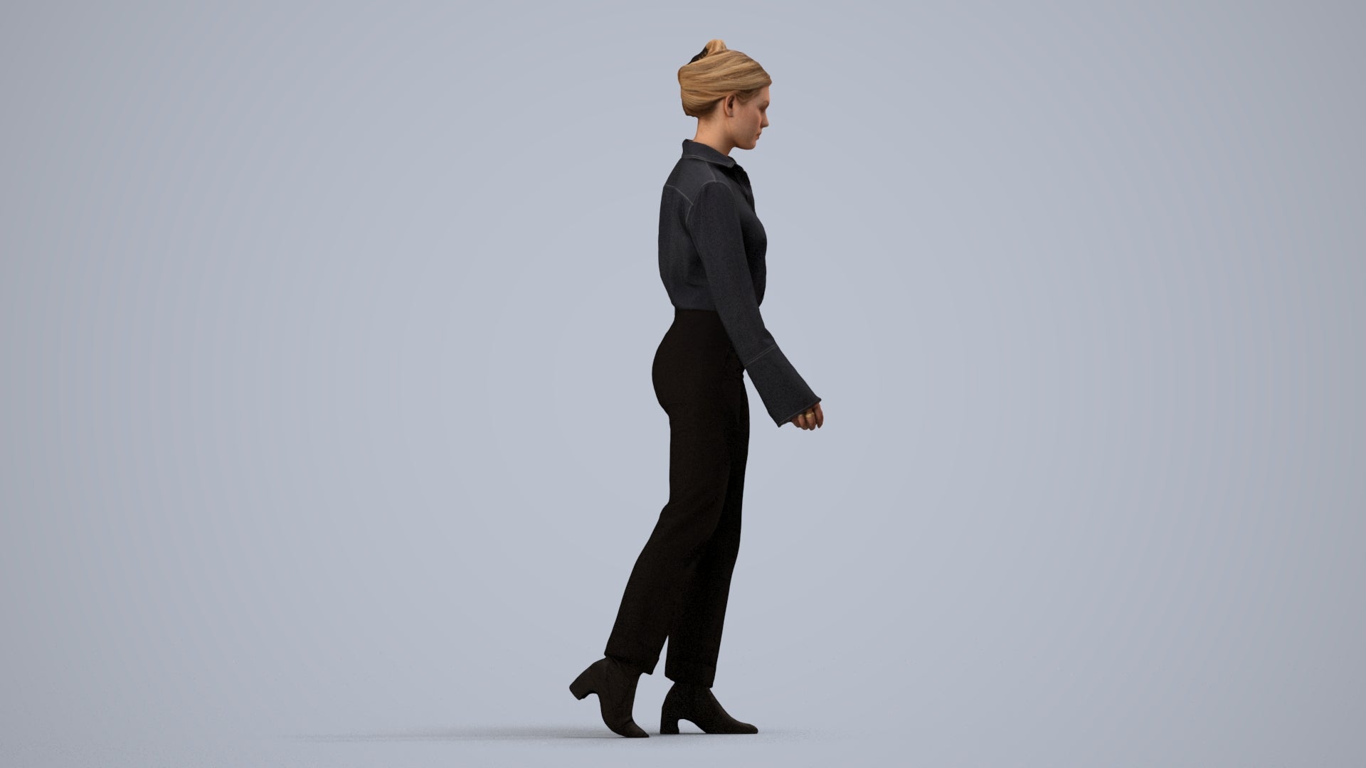 3D human model woman business walking, photogrammetry scanned person for archviz, side view render