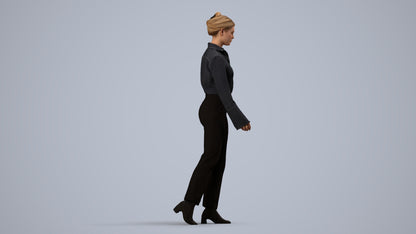3D human model woman business walking, photogrammetry scanned person for archviz, side view render
