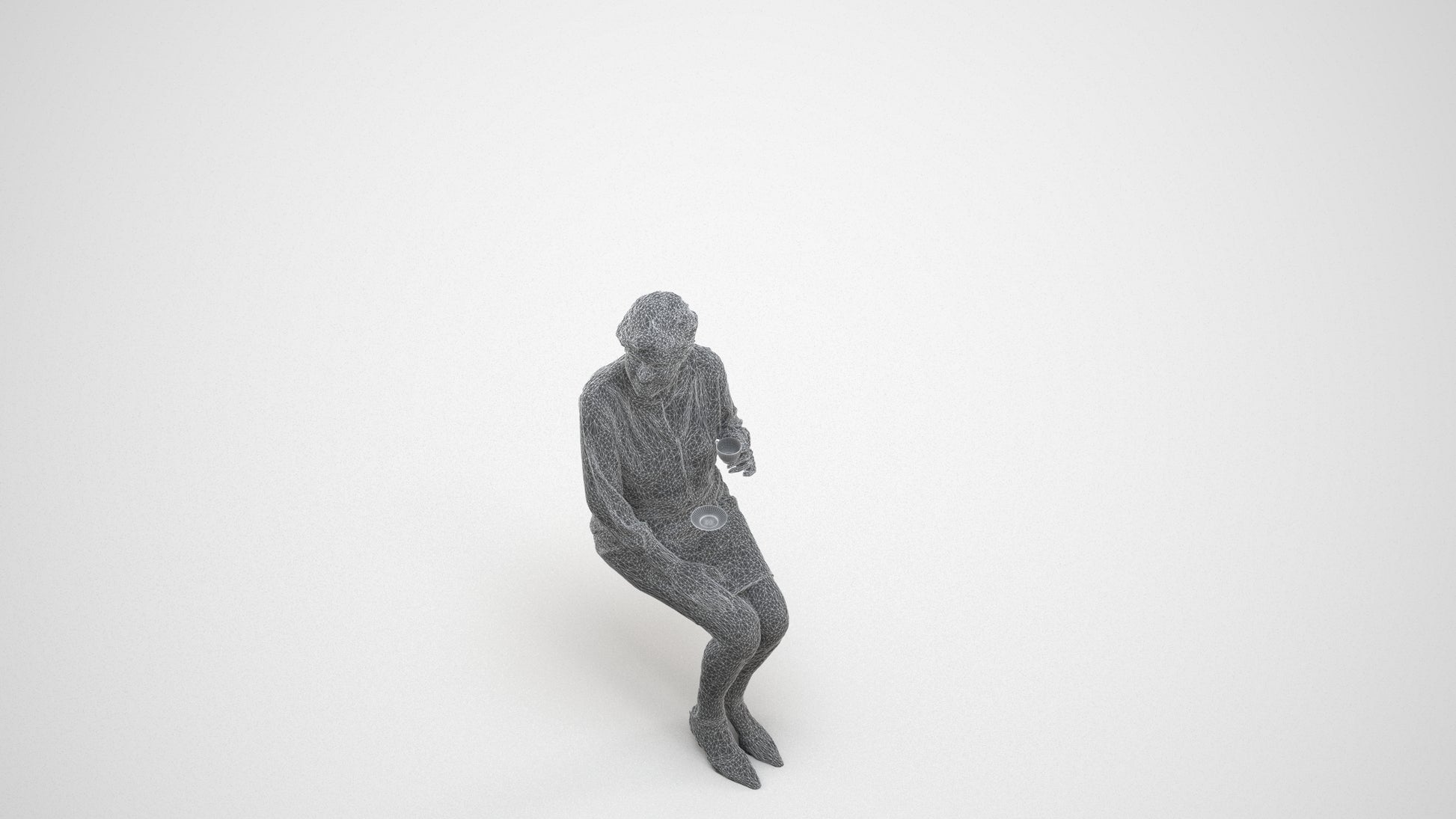 realistic 3D human senior woman casual sitting, archviz people FBX OBJ for Blender, wireframe three-quarter view