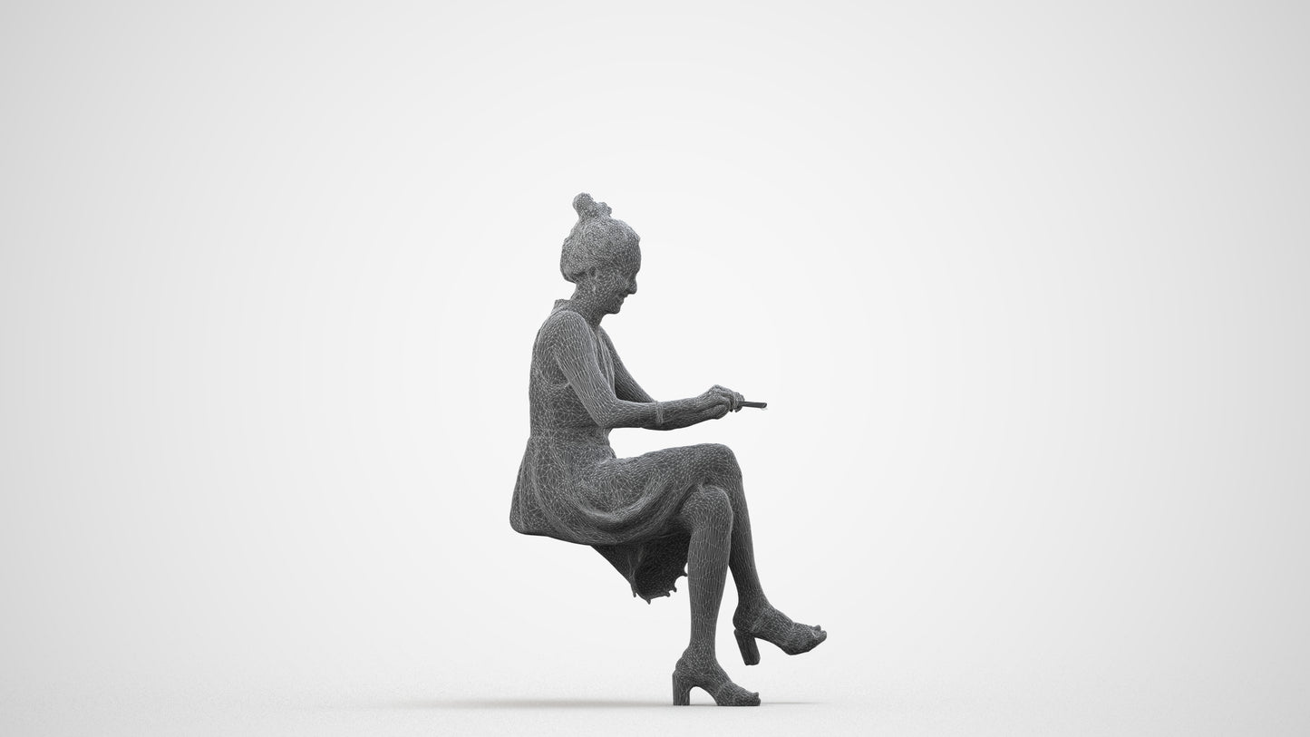 realistic 3D woman formal sitting, scanned archviz people for Blender and 3ds Max, wireframe side view