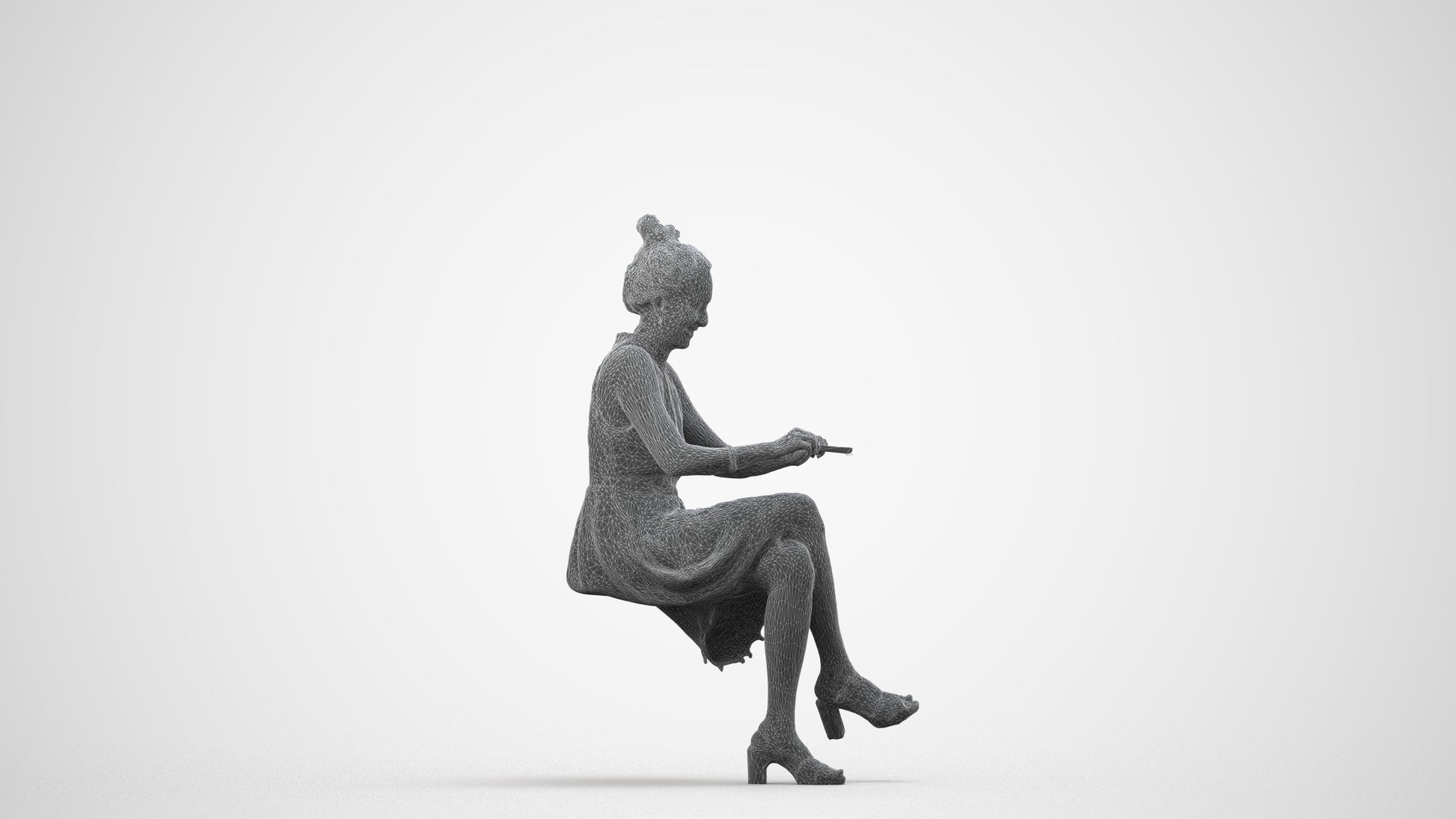 realistic 3D woman formal sitting, scanned archviz people for Blender and 3ds Max, wireframe side view