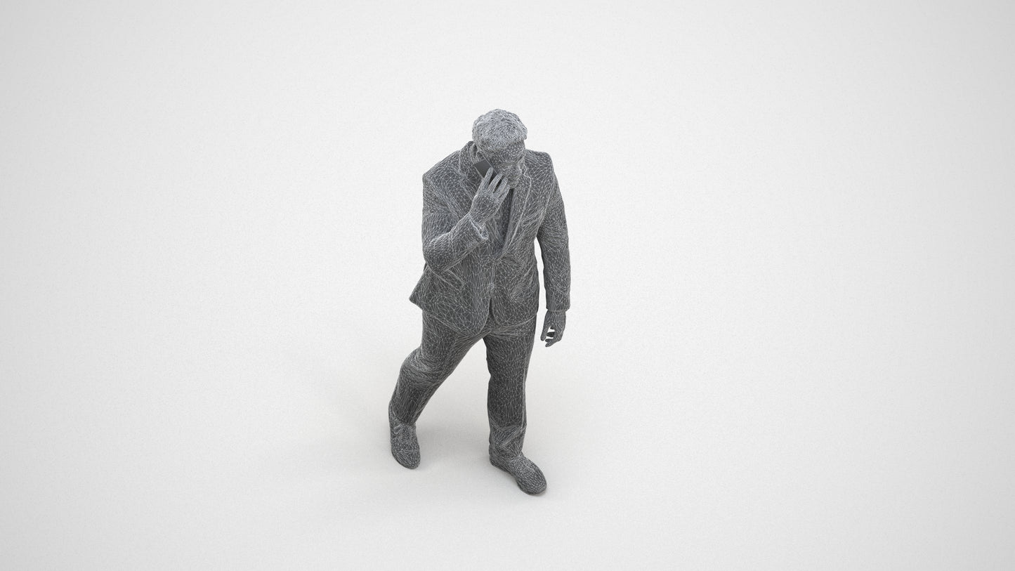 realistic 3D man business standing, scanned archviz people for Blender and 3ds Max, wireframe three-quarter view