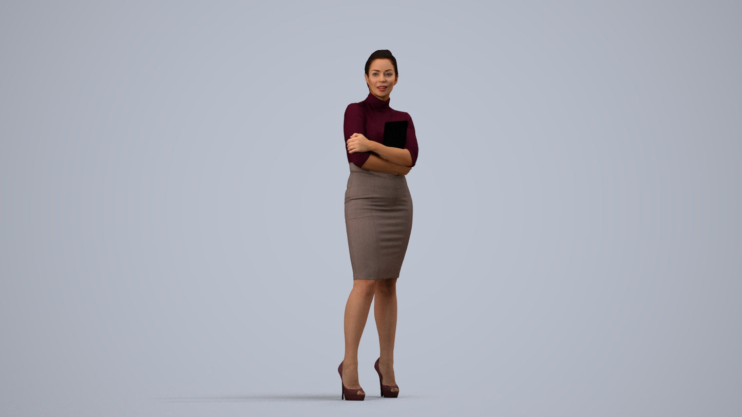 3D people model woman business standing, scanned human for 3ds Max rendering, side view render