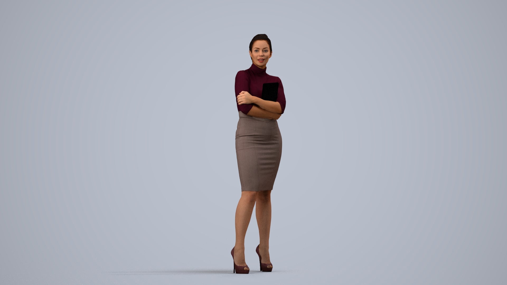 3D people model woman business standing, scanned human for 3ds Max rendering, side view render