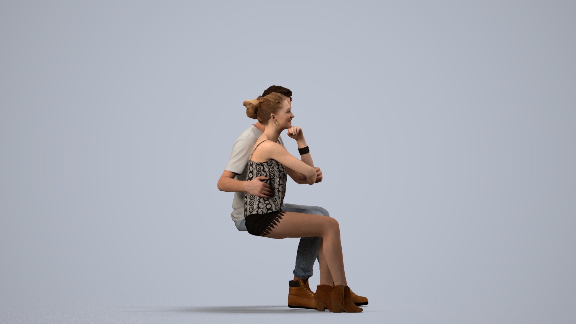 3D human model woman casual couple, photogrammetry scanned person for archviz, side view render
