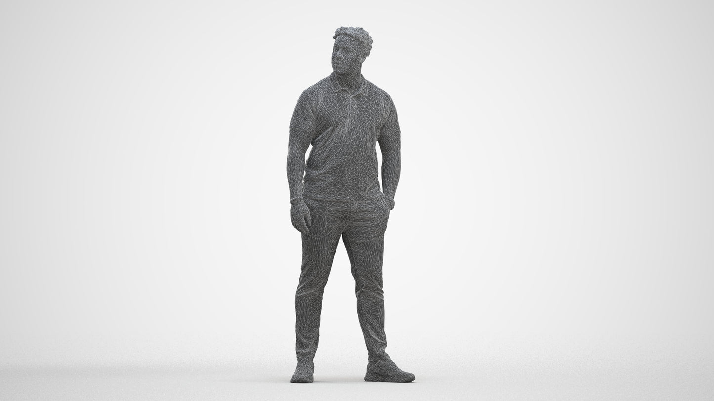 3D human model man casual standing, photogrammetry scanned person for archviz, three-quarter front view render
