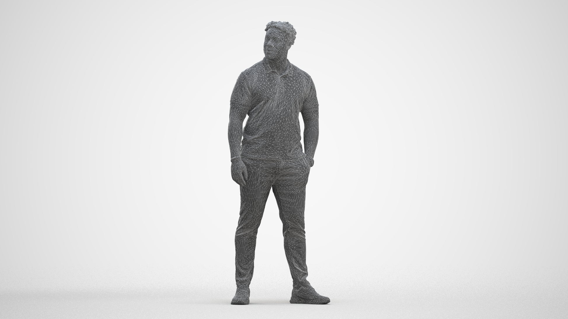 3D human model man casual standing, photogrammetry scanned person for archviz, three-quarter front view render