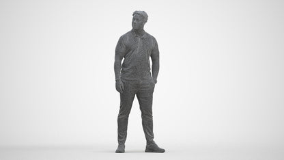 3D human model man casual standing, photogrammetry scanned person for archviz, three-quarter front view render