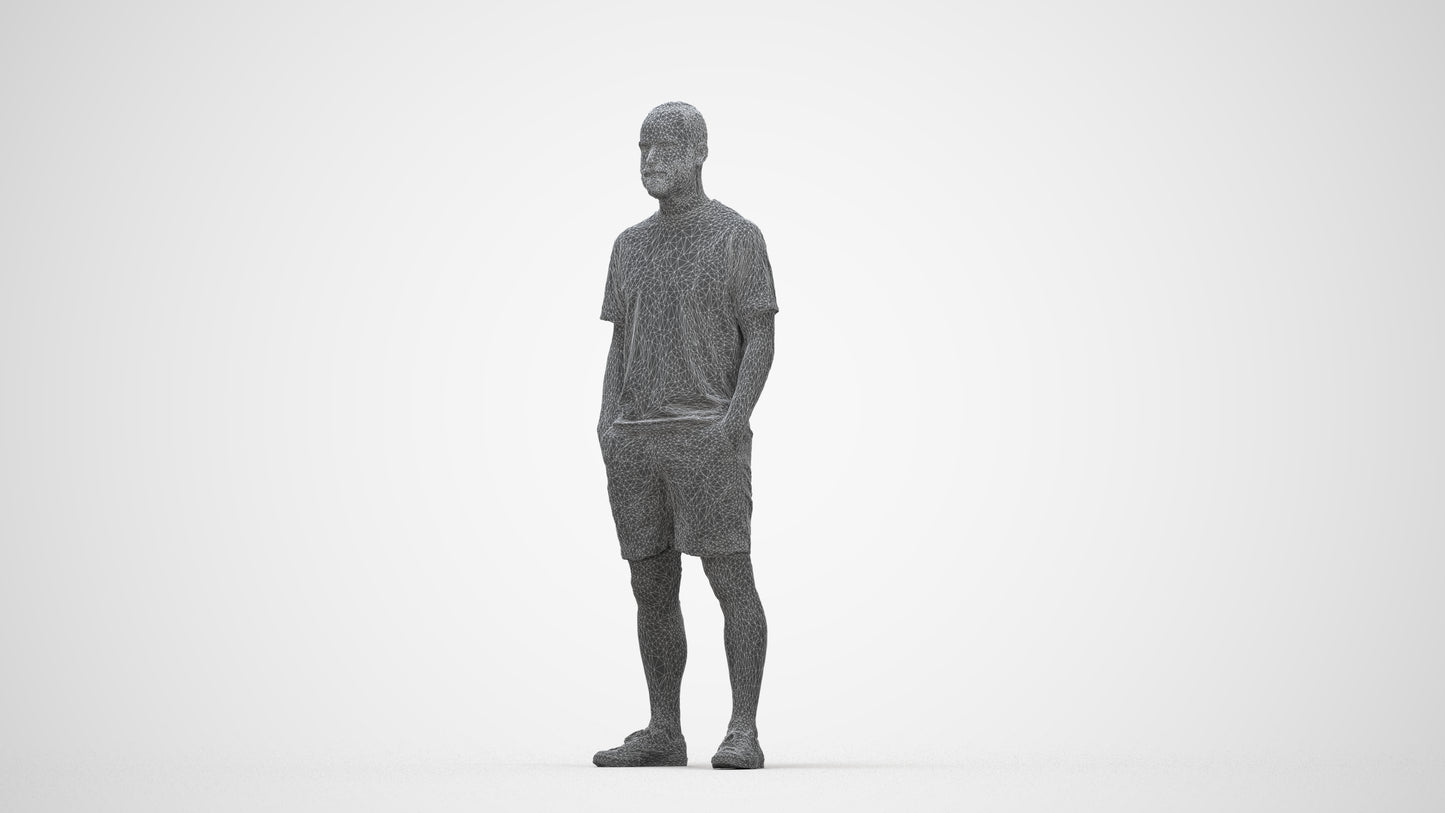 3D human model man casual standing, photogrammetry scanned person for archviz, wireframe back view