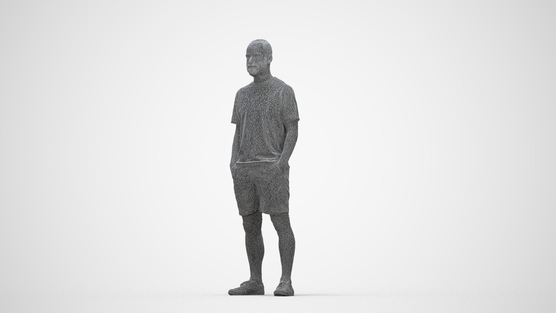 3D human model man casual standing, photogrammetry scanned person for archviz, wireframe back view