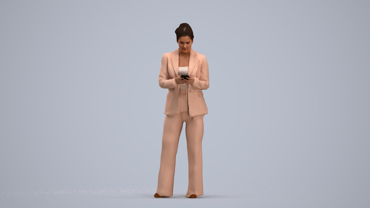 3D human model woman business standing, photogrammetry scanned person for archviz, standing pose render