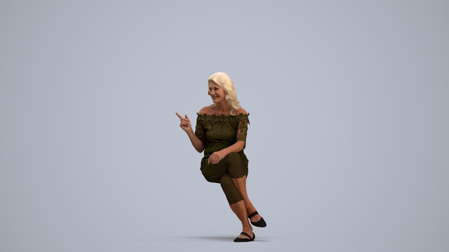 3D human model senior woman casual sitting, photogrammetry scanned person for archviz, standing pose render
