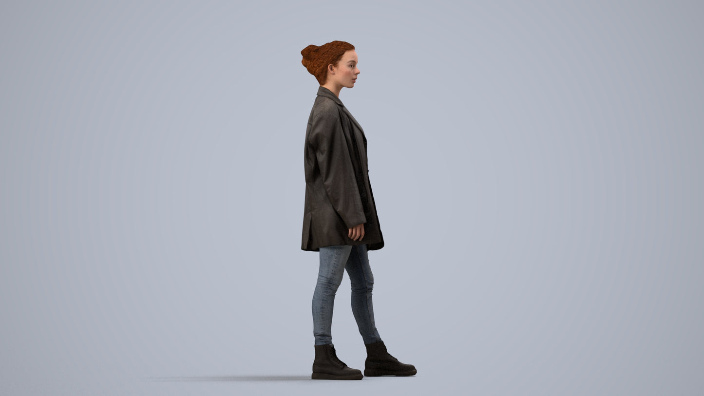 3D human model woman casual mix, photogrammetry scanned person for archviz, side view render