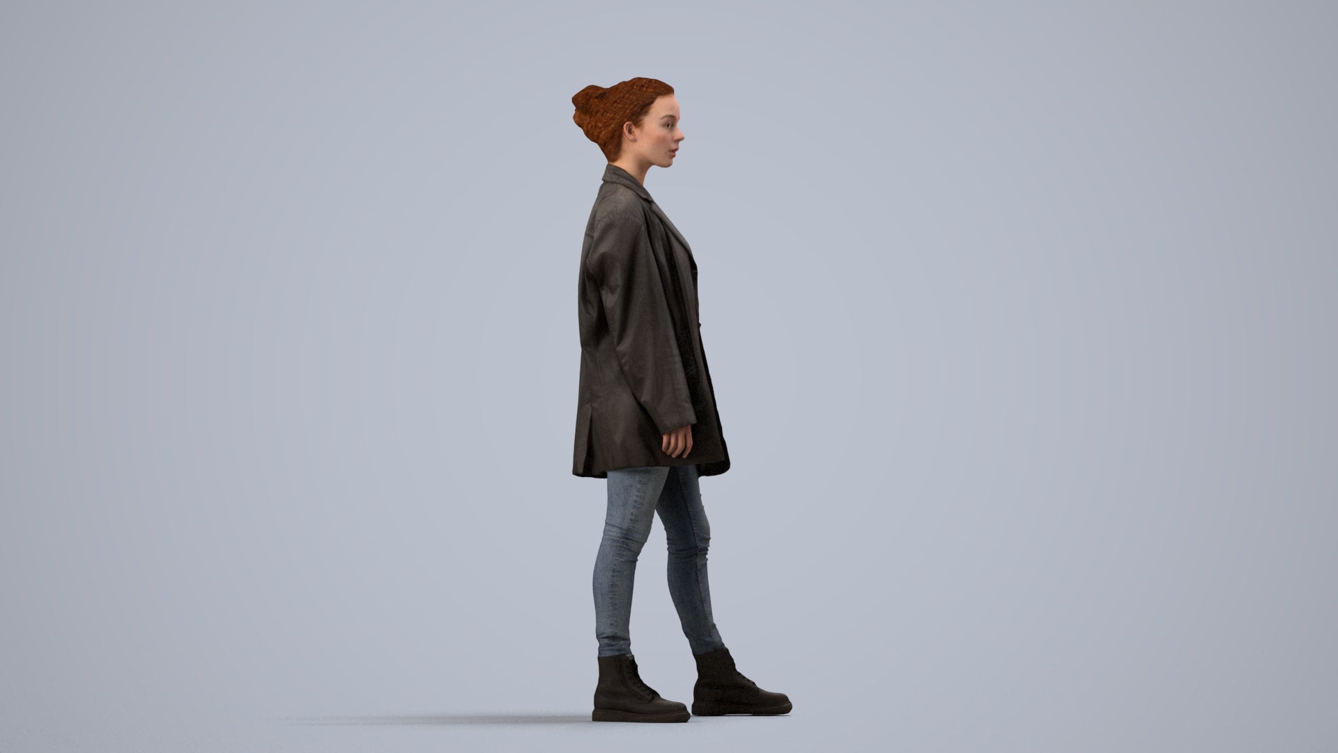 3D human model woman casual mix, photogrammetry scanned person for archviz, side view render