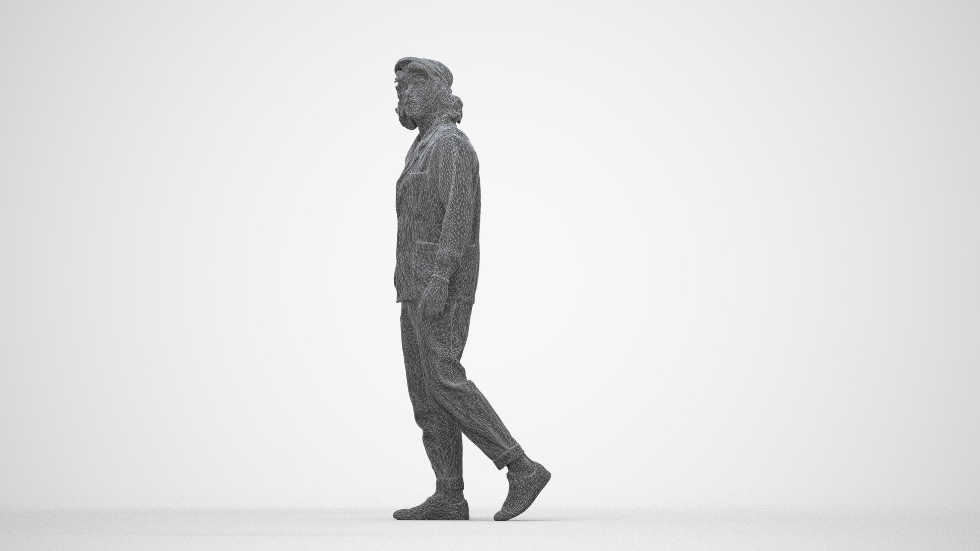 3D human model man casual walking, photogrammetry scanned person for archviz, wireframe back view