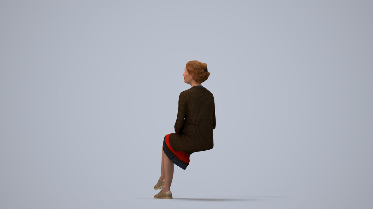 scanned 3D woman casual sitting, photogrammetry people for Enscape and V-Ray, three-quarter view render
