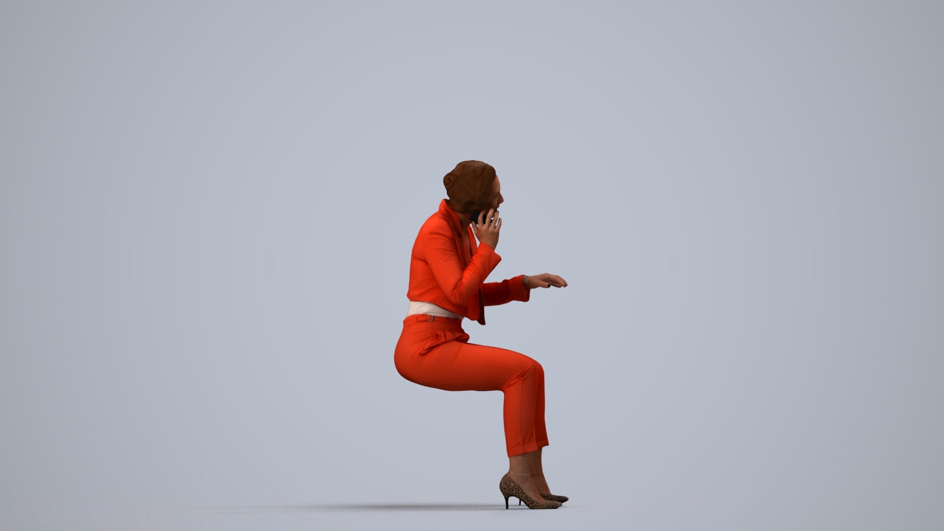 3D human model woman business, photogrammetry scanned person for archviz, side view render