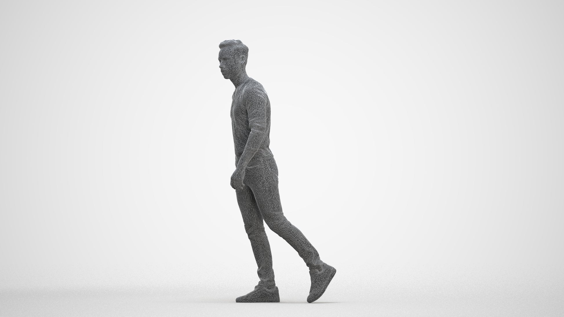 3D human model man casual walking, photogrammetry scanned person for archviz, three-quarter front view render