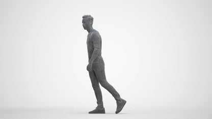 3D human model man casual walking, photogrammetry scanned person for archviz, three-quarter front view render